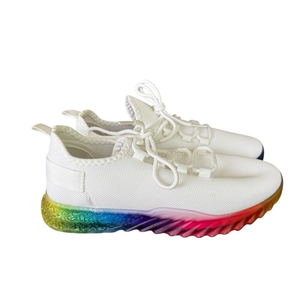 Wanted Women's Affinity Stretch Knit White Sneakers Rainbow Gel Outsoles Size 7